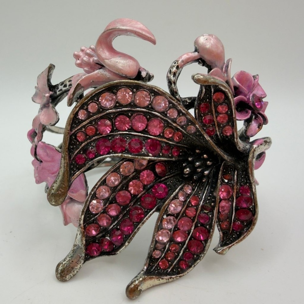 Pink Rhinestone Flower Clamper Bracelet Pink Enamel Size 5.75-6 Fashion Jewelry
